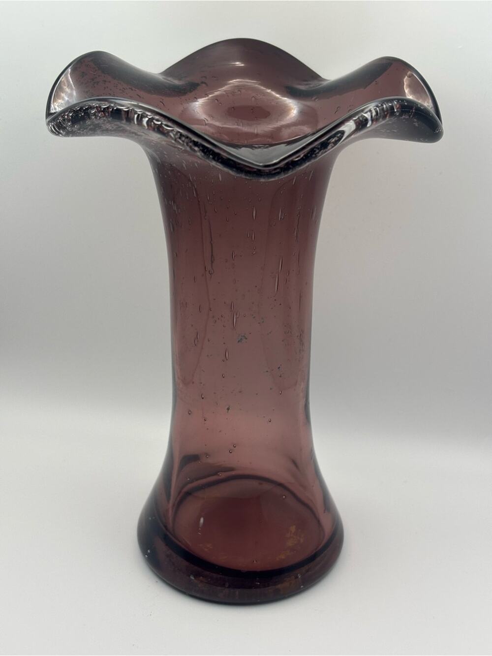 Vintage Amethyst Purple Vase with Ruffled Top, Hand Blown Art Glass Flower Vase